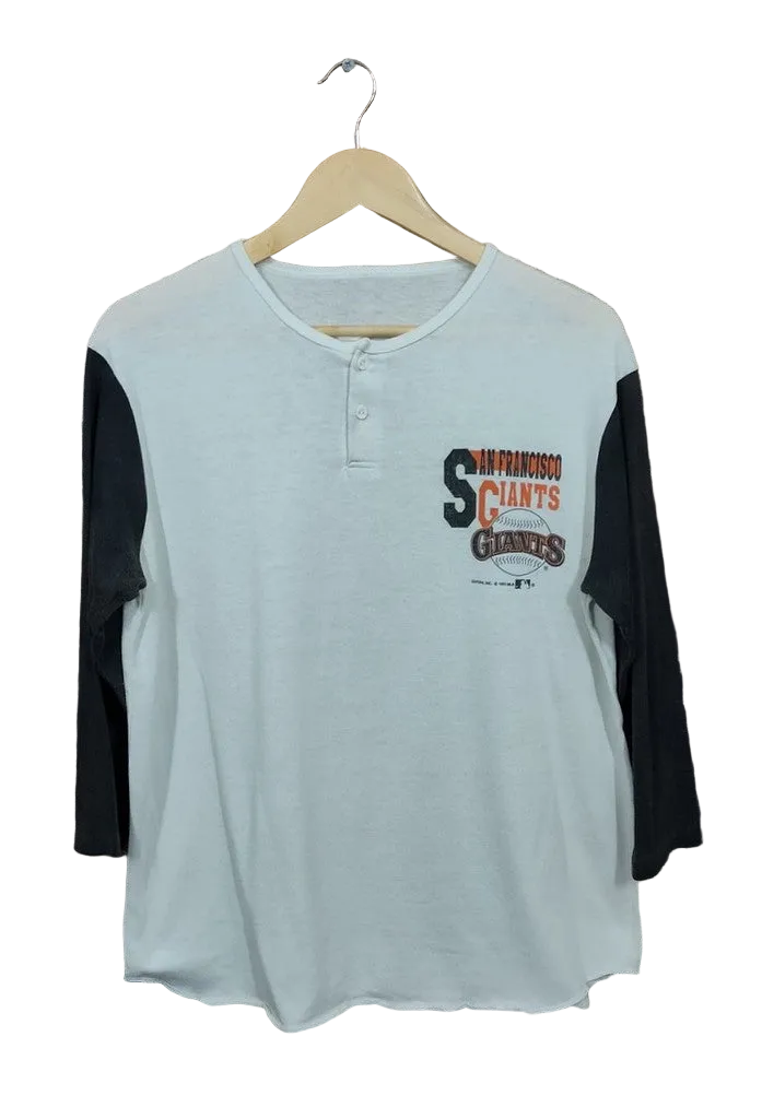 Vintage 1990 San Francisco Giants Henley Baseball T-Shirt Off White Black Men's M