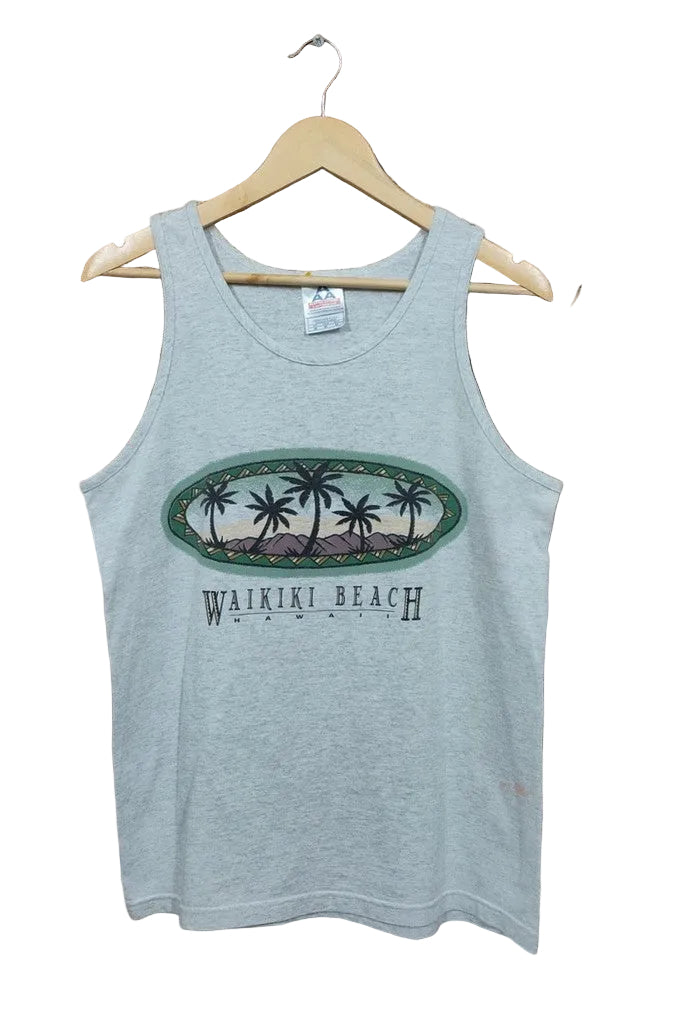 Alstyle Grey Waikiki Beach Hawaii Palm Trees Tank Top Vest Men's Size Medium VTG