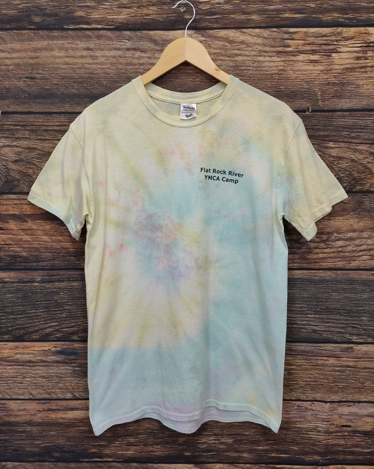 Gildan YMCA Camp Flat Rock River Pastel Tie Dye Graphic T-Shirt Medium Top Tee
