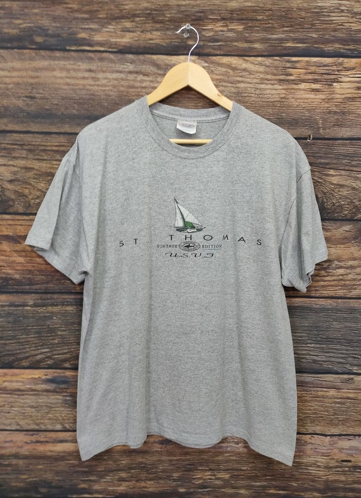 Vintage Hanes St Thomas USVI Sailing Graphic T-Shirt Heather Grey Mens Large Top