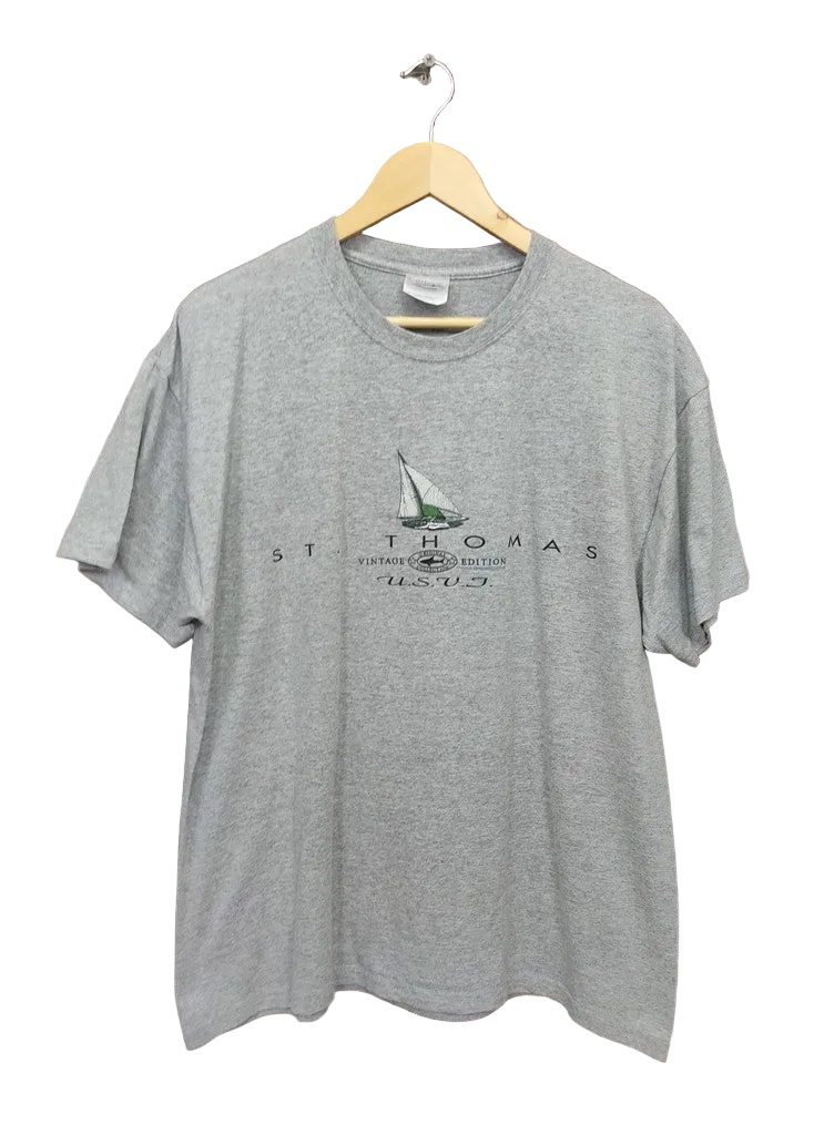 Vintage Hanes St Thomas USVI Sailing Graphic T-Shirt Heather Grey Mens Large Top