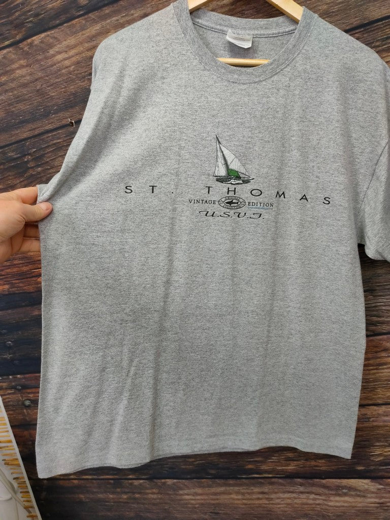 Vintage Hanes St Thomas USVI Sailing Graphic T-Shirt Heather Grey Mens Large Top