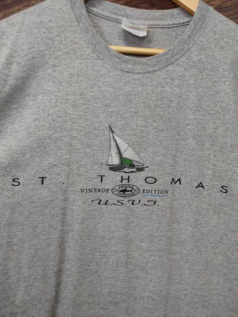 Vintage Hanes St Thomas USVI Sailing Graphic T-Shirt Heather Grey Mens Large Top