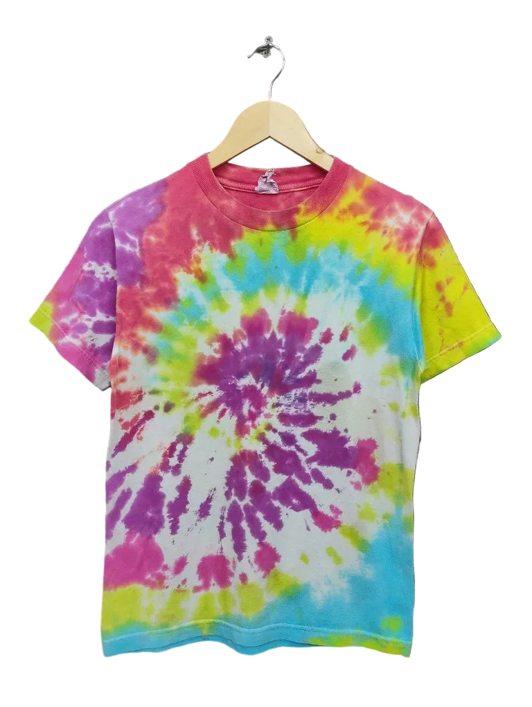 Vintage MO Knits Spiral Tie Dye Graphic T-Shirt Pink Yellow Blue Mens S Top Tee