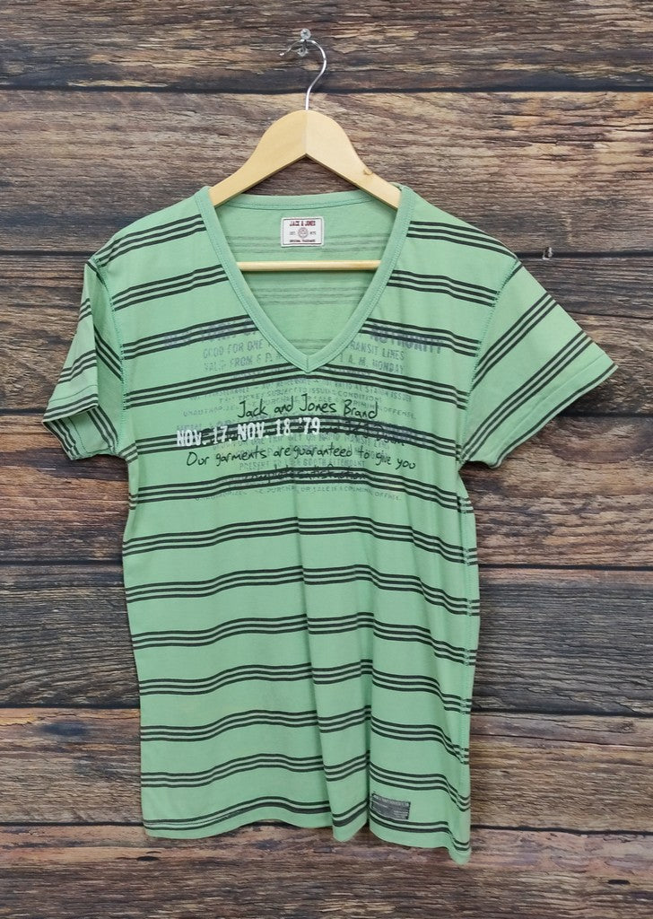 Jack & Jones Vintage Graphic Striped V-Neck T-Shirt Green Mens Medium Top Tee