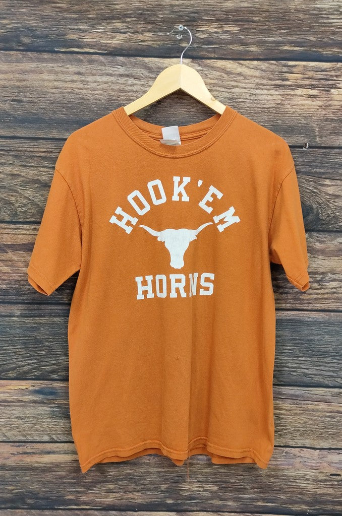 Vintage Gildan Hook Em Horns Longhorn Graphic T-Shirt Burnt Orange Mens M Top