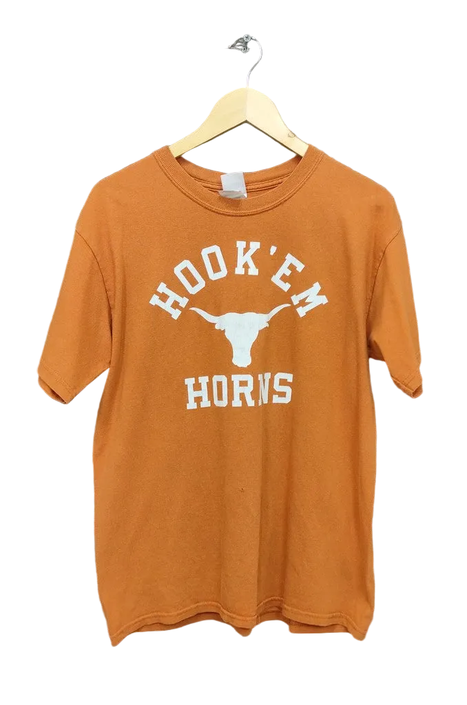 Vintage Gildan Hook Em Horns Longhorn Graphic T-Shirt Burnt Orange Mens M Top