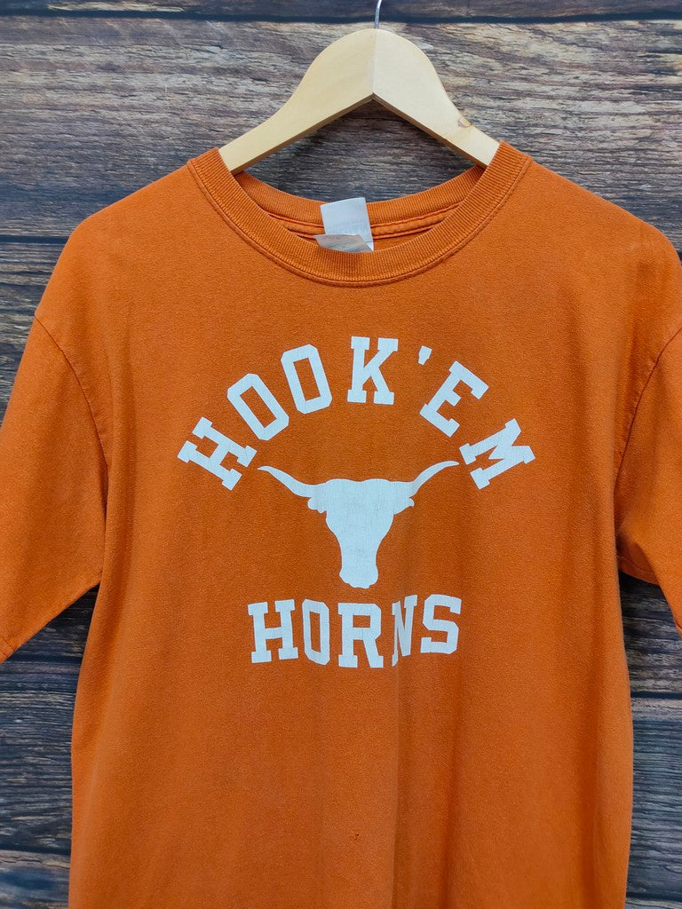 Vintage Gildan Hook Em Horns Longhorn Graphic T-Shirt Burnt Orange Mens M Top