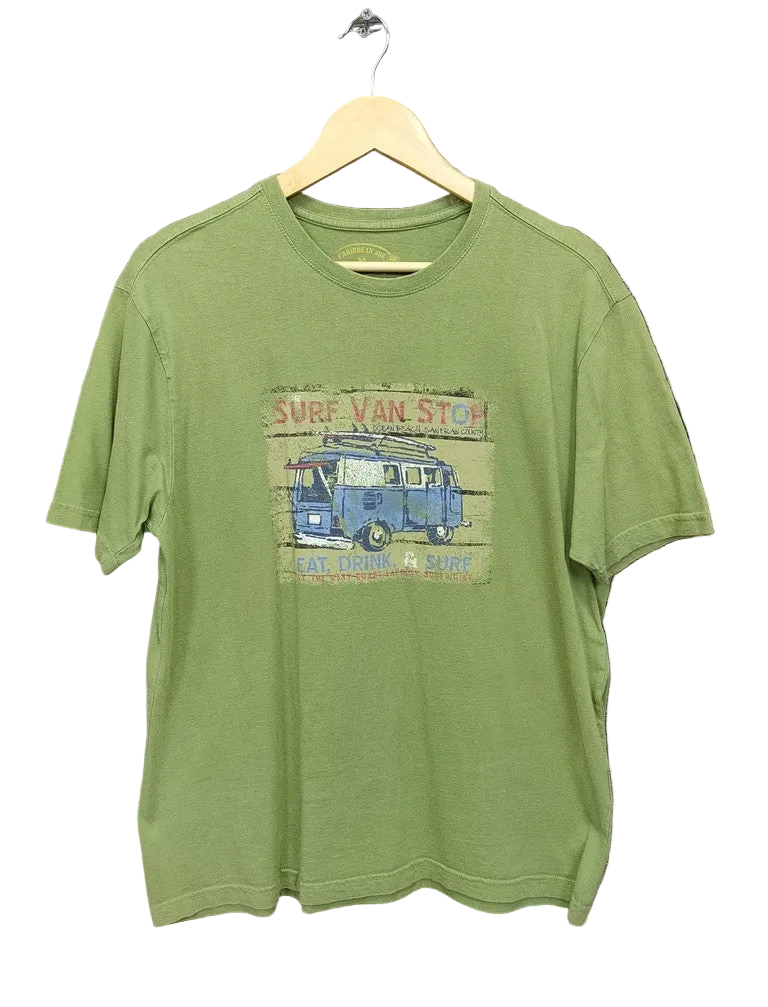 Caribbean Joe Surf Van Stop Camper Graphic T-Shirt Khaki Green Mens M Top Tee