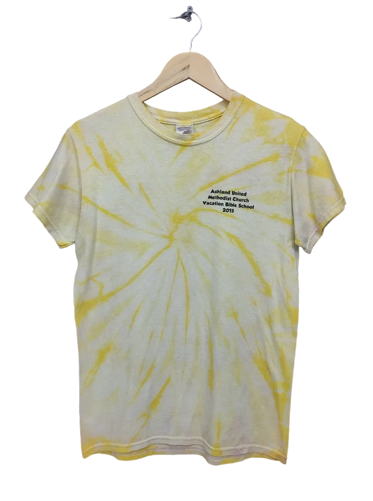 Gildan G-Force Spiral Tie Dye Graphic T-Shirt Yellow White Mens Small Top Tee