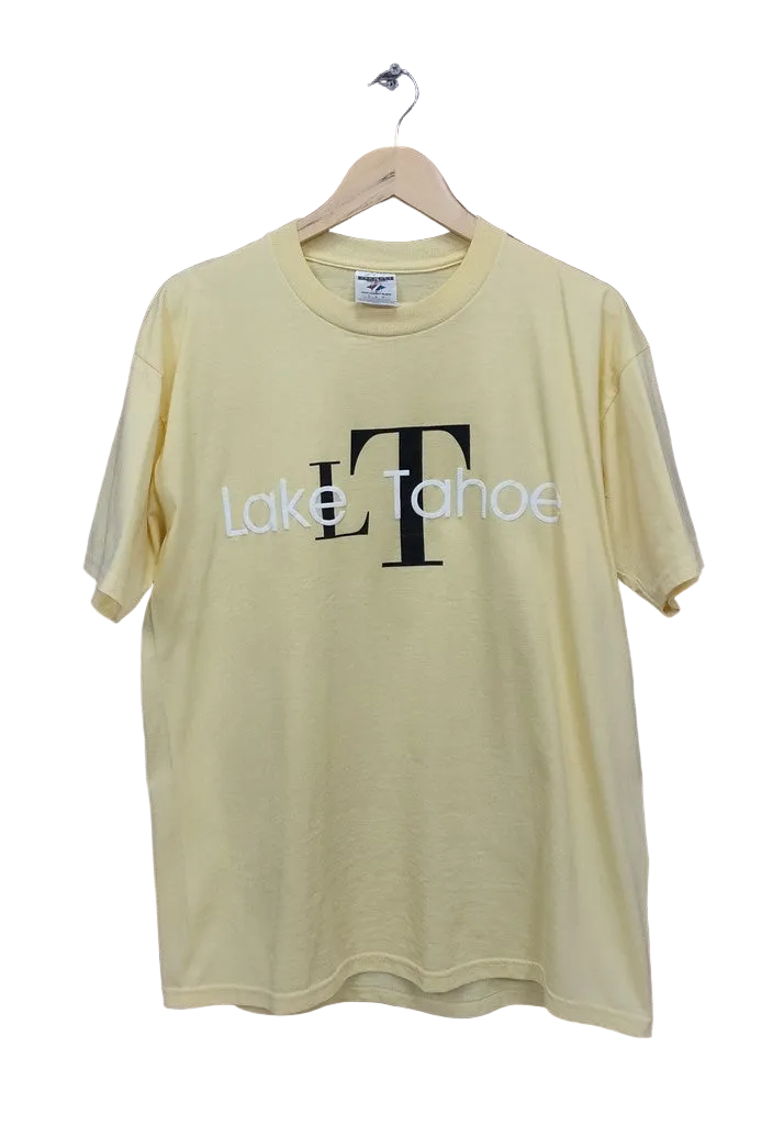 Vintage Jerzees Lake Tahoe Puff Print Graphic T-Shirt Pale Yellow Mens Large Top