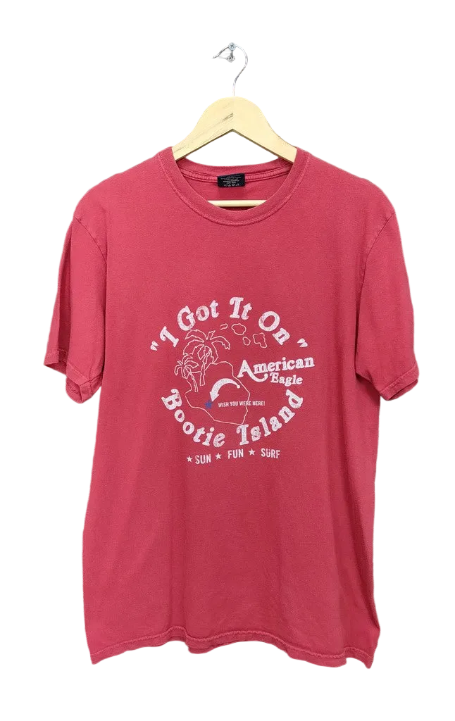 Vintage American Eagle Bootie Island Graphic T-Shirt Faded Red Mens Large Top