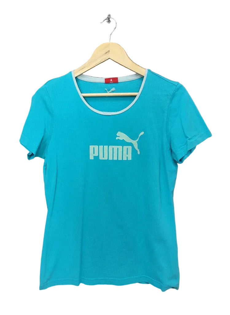 Puma Women's Turquoise Blue Ringer Big Logo Graphic T-Shirt Size UK 14 Large