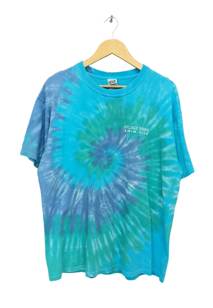 Vintage Anvil Blue Green Tie Dye Village Farms Swim Club Graphic T-Shirt Men's XL