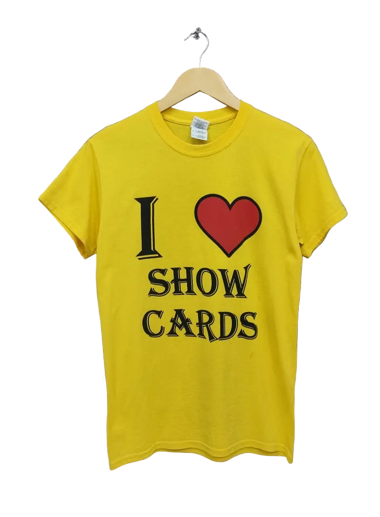 Gildan I Heart Show Cards Slogan Graphic T-Shirt Mustard Yellow Men's Size Small