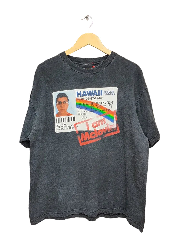 Vintage Superbad McLovin Hawaii Fake ID Promo Graphic T-Shirt Faded Black Size XL