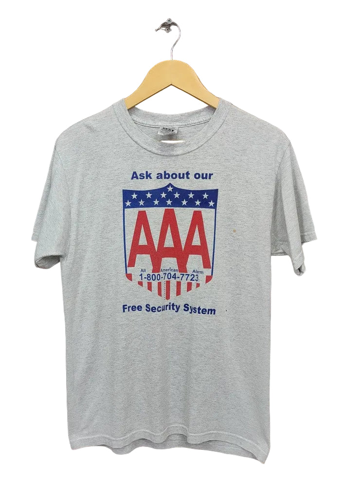 Vintage Fruit of the Loom Heather Grey AAA Alarm Graphic T-Shirt Men's Size M 90s