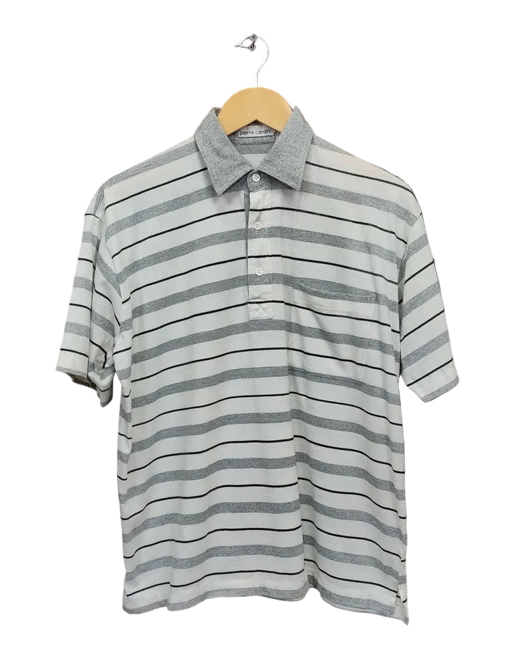 Vintage Pierre Cardin Striped Polo Shirt Large White Grey Boxy Retro