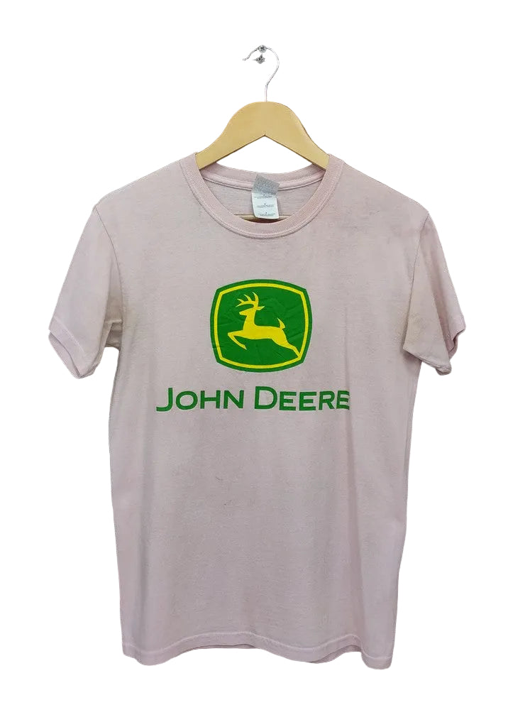 John Deere Pink Classic Logo Shield Graphic T-Shirt Gildan Ultra Cotton Small Stains