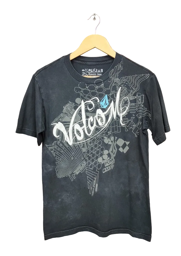 Vintage Volcom Skate T-Shirt Faded Sun Bleached Black Mens Small Graphic Skate Top