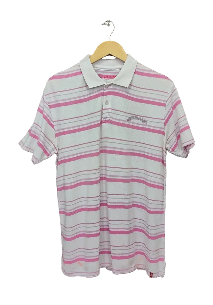 Levi's Men's White Pink Striped Born To Live Polo Shirt Fitted Size Large Stains