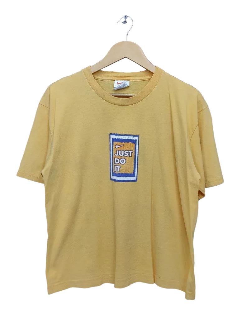 Vintage 90s Nike Just Do It Box Logo T-Shirt Yellow Mens Medium Boxy Crop Short