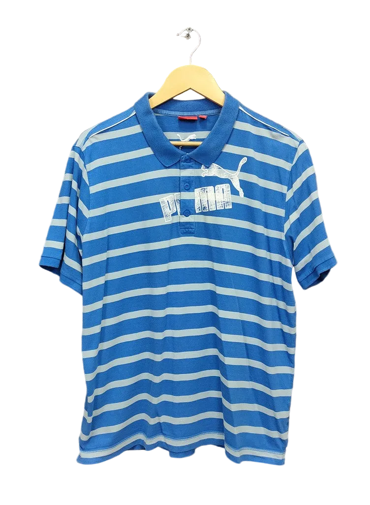 Puma Striped Polo Shirt Big Cat Chest Logo Blue Grey Mens UK XL Graphic Top Tee