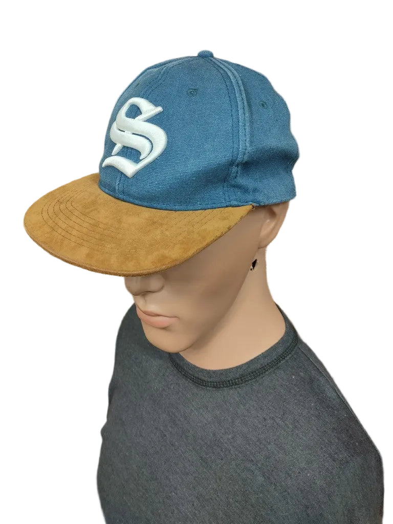 Beechfield S Gothic Letter Snapback Hat Cap Denim Blue Tan Faux Suede Visor OSFA