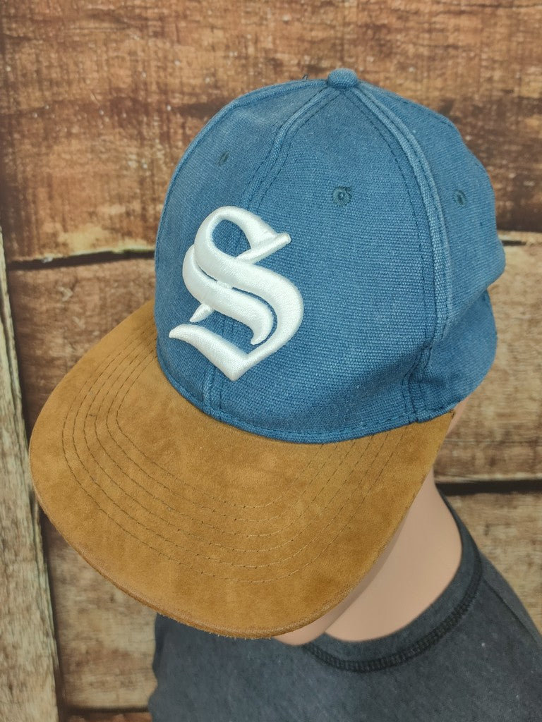 Beechfield S Gothic Letter Snapback Hat Cap Denim Blue Tan Faux Suede Visor OSFA