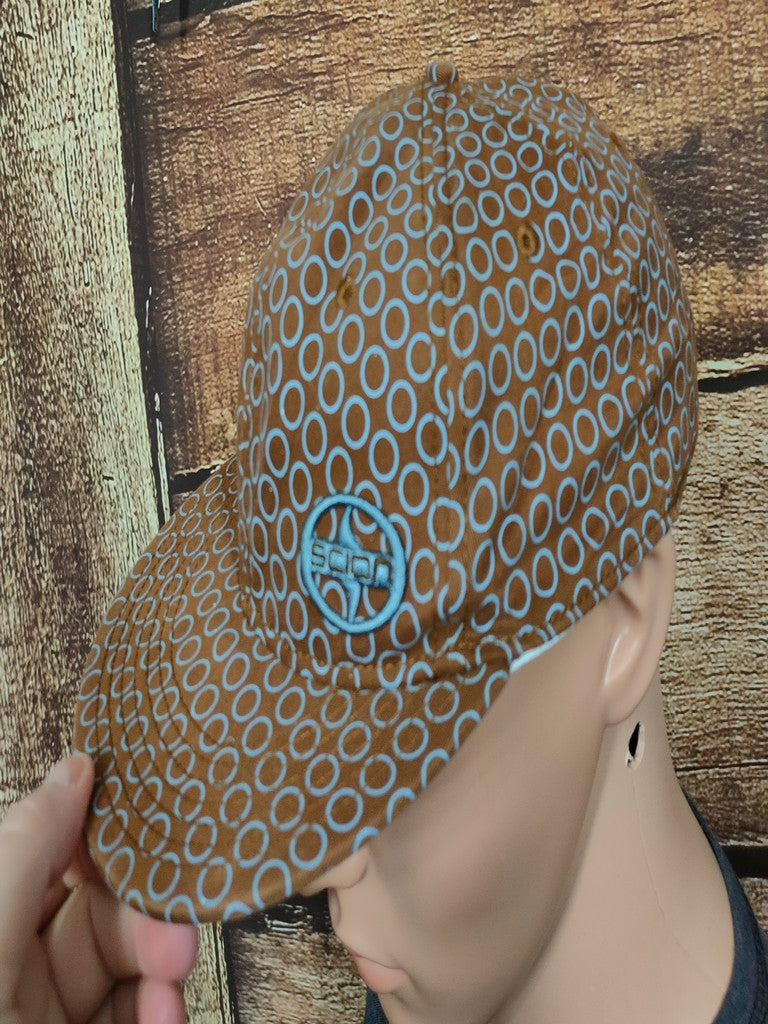 Scion Toyota Promotional Stretch Fit Cap Hat Brown Blue Circle Pattern L/XL Y2K