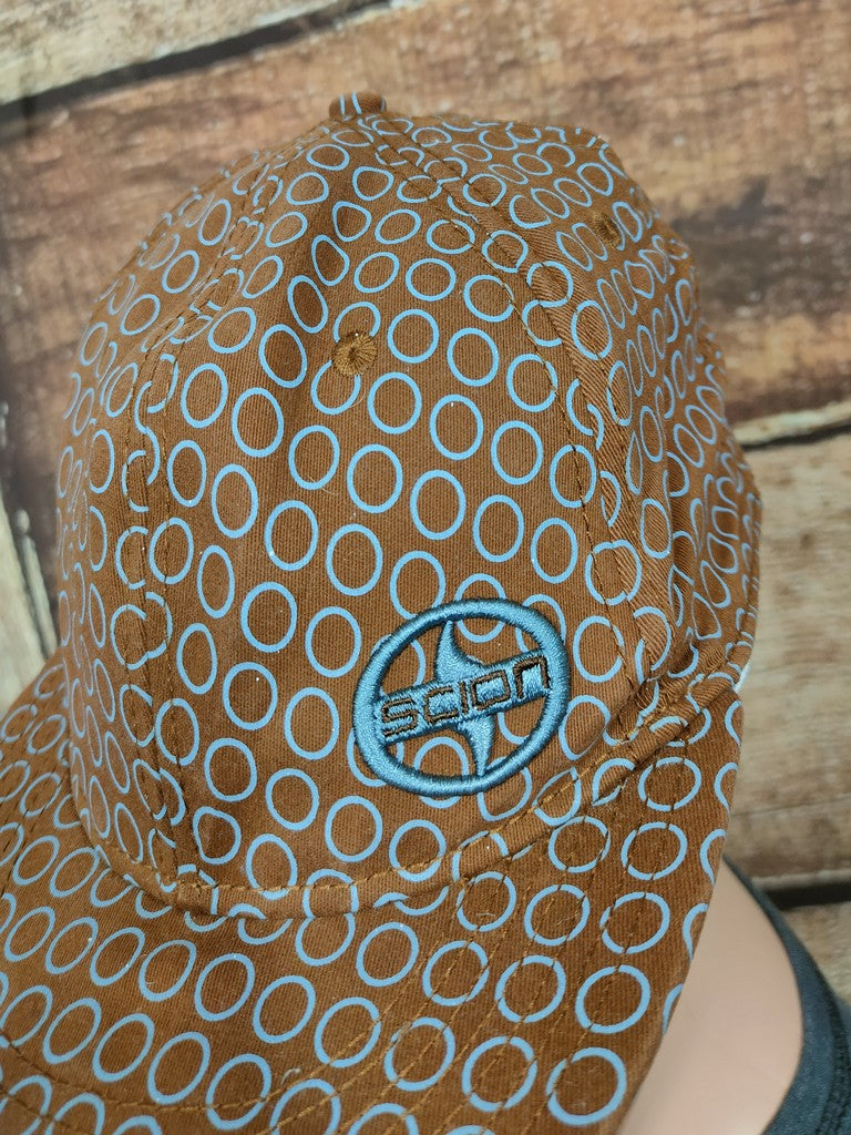 Scion Toyota Promotional Stretch Fit Cap Hat Brown Blue Circle Pattern L/XL Y2K