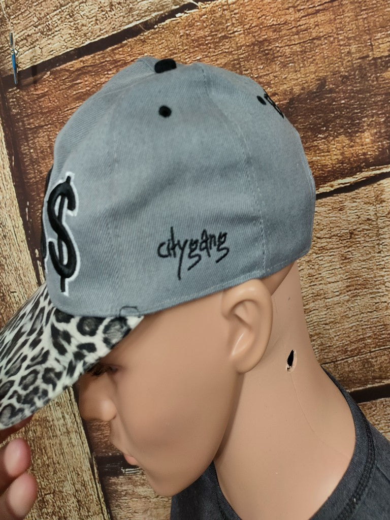Bloods Citygang BOSS Dollar Snapback Cap Hat Grey Leopard Animal Print OSFA Y2K