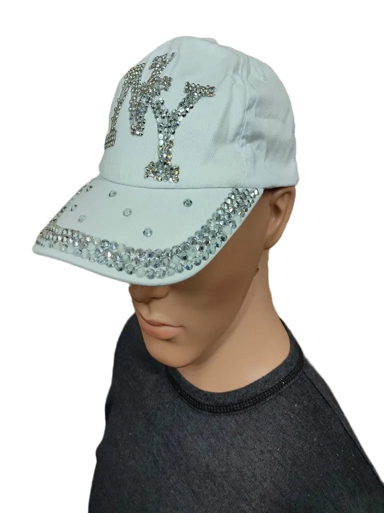 NY New York Rhinestone Bling Baseball Cap Hat White Crystal Studded Strapback OSFA