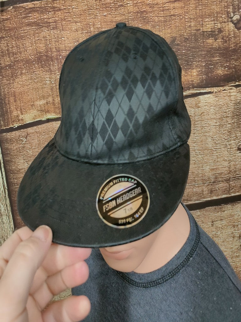 FSBN Fishbone Headgear Fitted Cap Hat Black Argyle Diamond Pattern 7 1/8