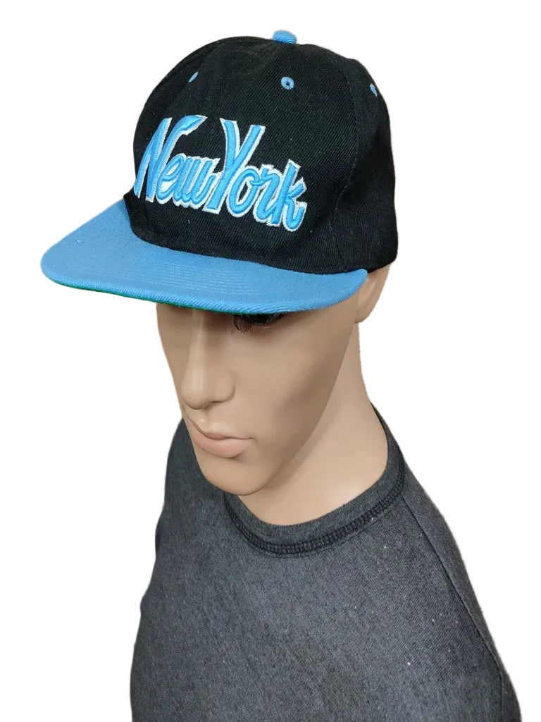 New York Script Snapback Cap Hat Black Cyan Bright Blue Flat Visor Green Underbrim OSFA