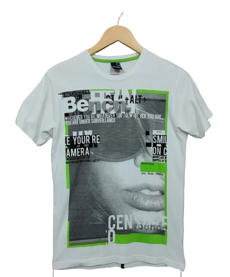 Bench White Neon Green Cyber Surveillance Graphic T-Shirt Men's Size Small Y2K