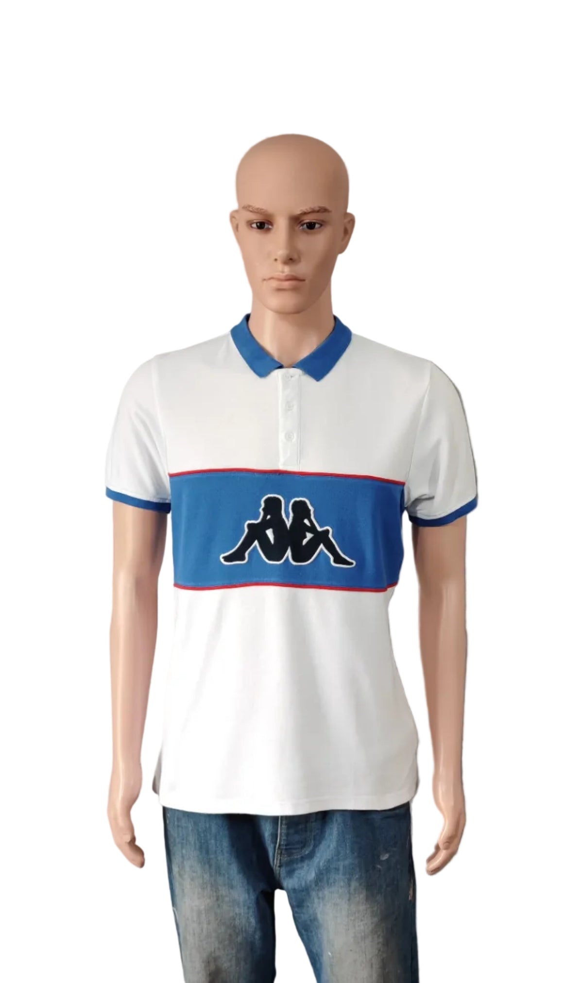 Vintage Kappa Sleeve Taping Polo Shirt White Blue Retro 90s Men's Size Small S