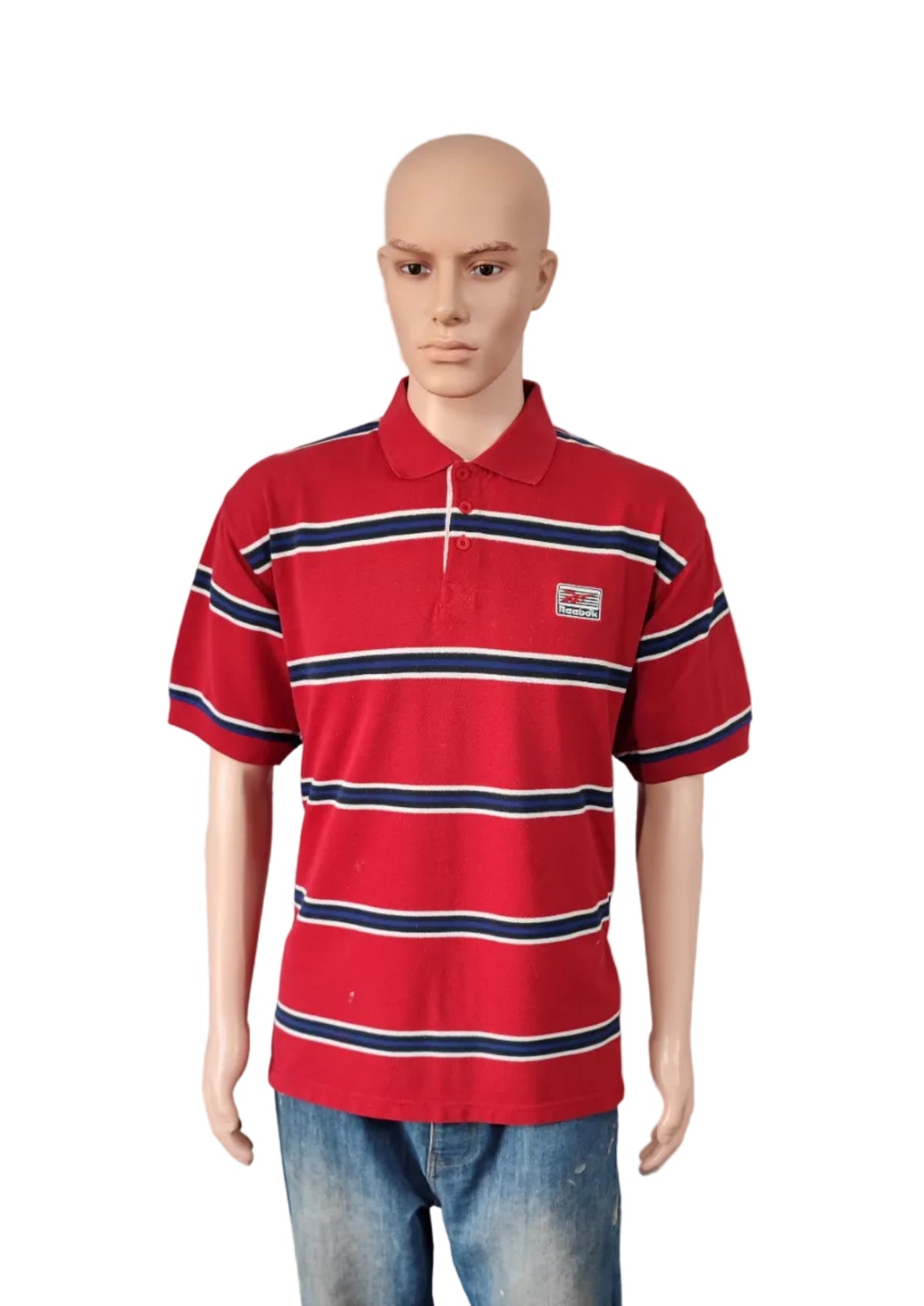 Vintage Reebok Embroidered Polo Shirt Red Blue Striped Retro 90s Men Size XL