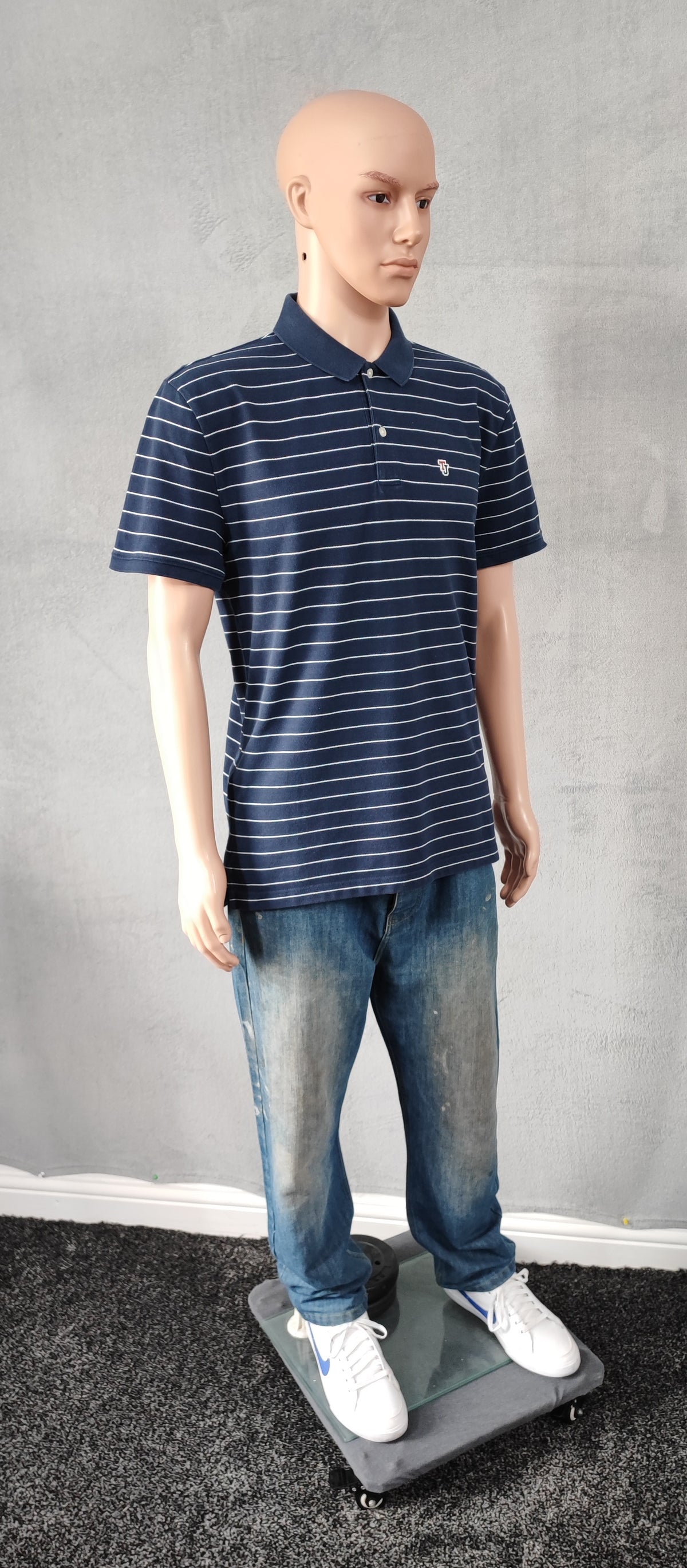 Vintage Tommy Jeans Striped Polo Shirt Navy Blue White Retro Y2K Men's Size M