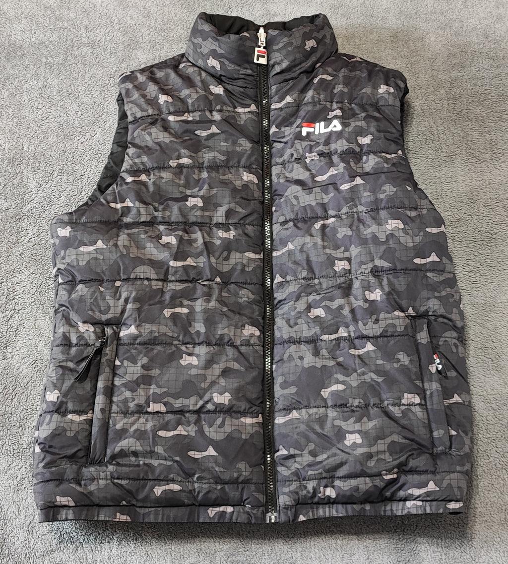 Vintage Fila Reversible Padded Gilet Vest Black Grey Camo Men Size Medium