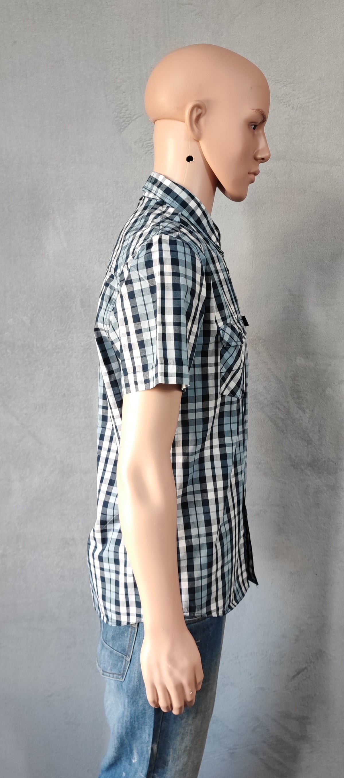Vintage Bench Checked Short Sleeve Shirt Medium White Black Blue Y2K Retro 90s