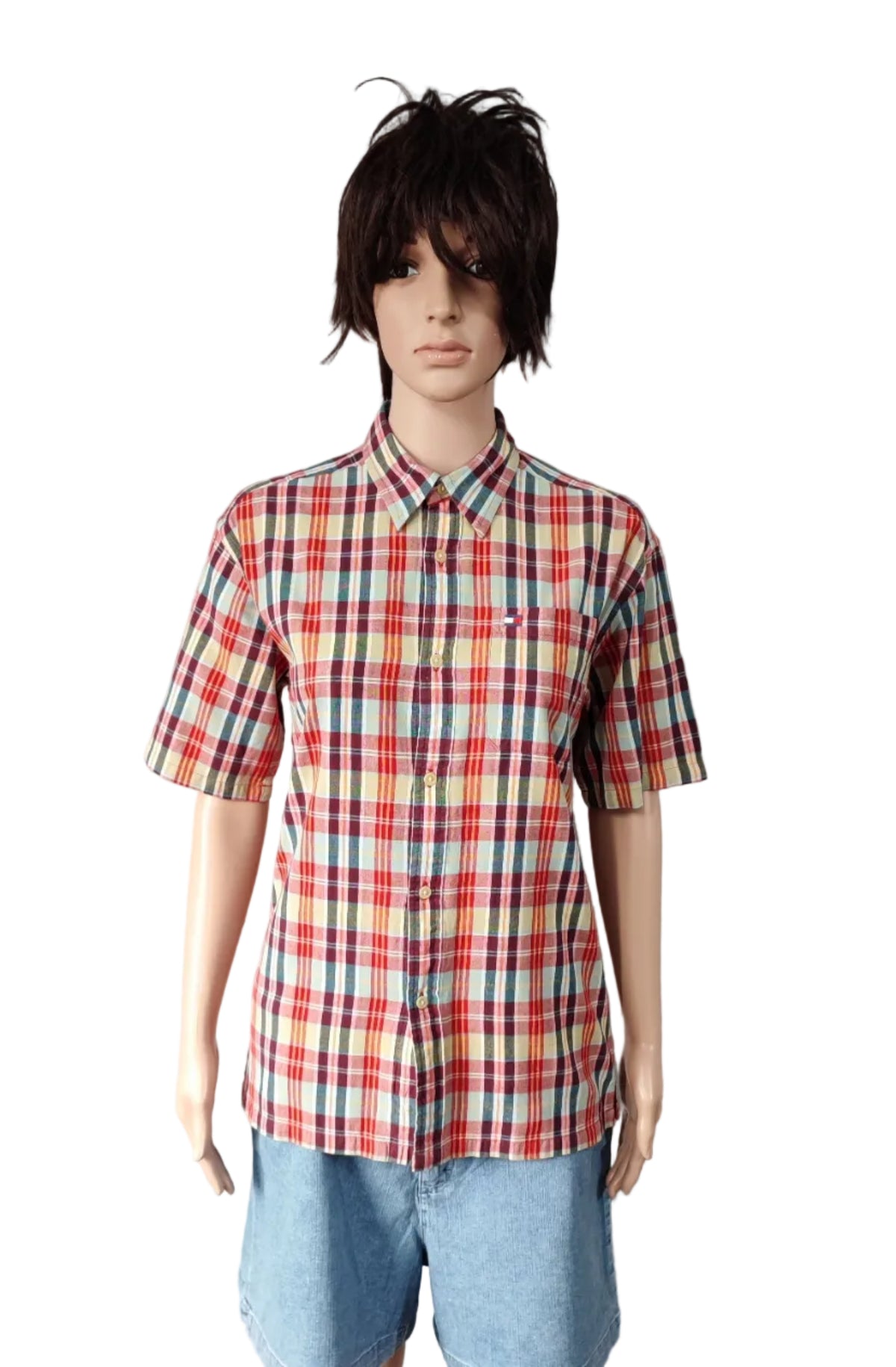 Vintage Tommy Hilfiger Checked Short Sleeve Shirt Red White Blue Size Medium
