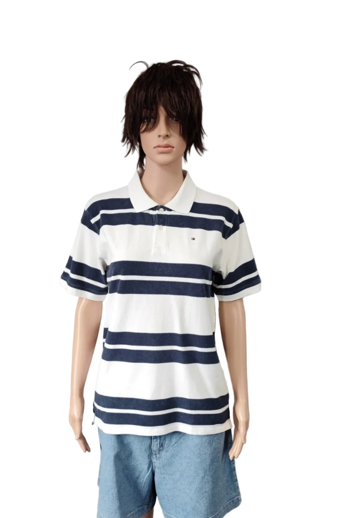 Vintage Tommy Hilfiger Embroidered Stripe Polo Shirt Navy White Retro 90s Size M