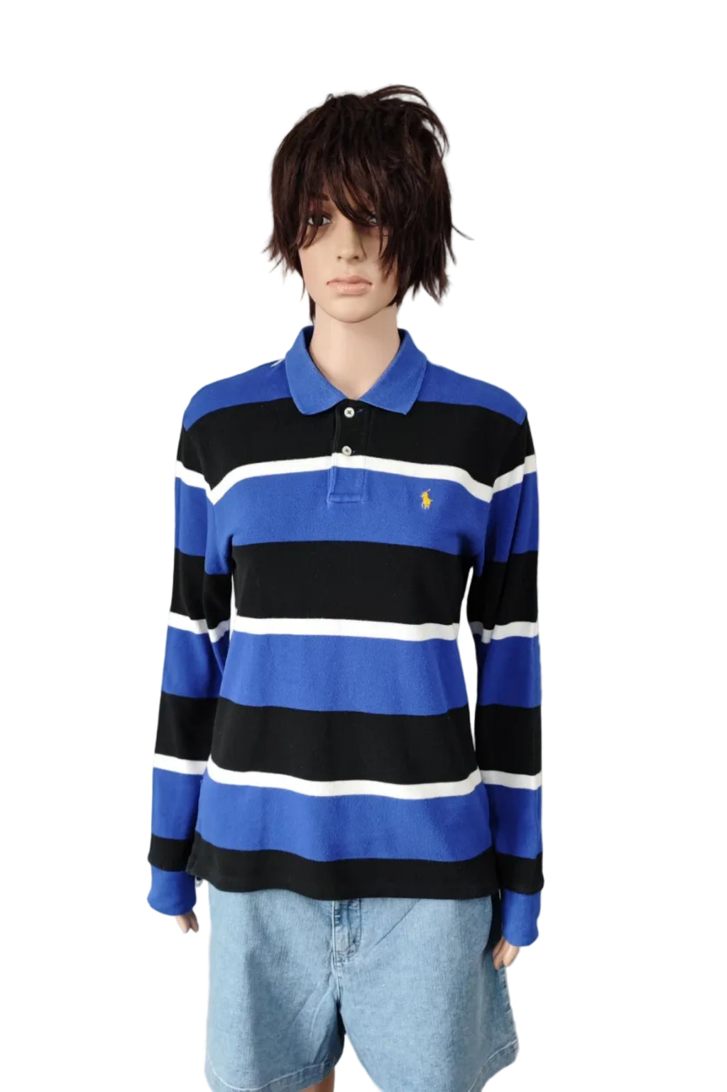 Vintage Polo Ralph Lauren Striped Rugby Shirt Blue Black White 90s Size Small S