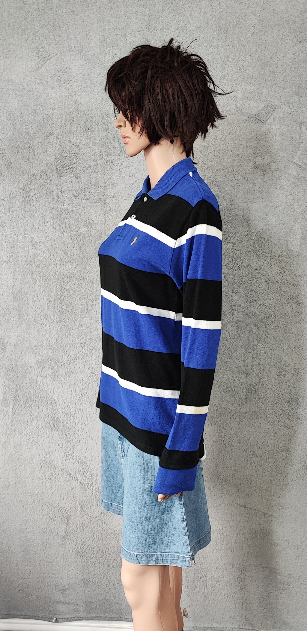 Vintage Polo Ralph Lauren Striped Rugby Shirt Blue Black White 90s Size Small S