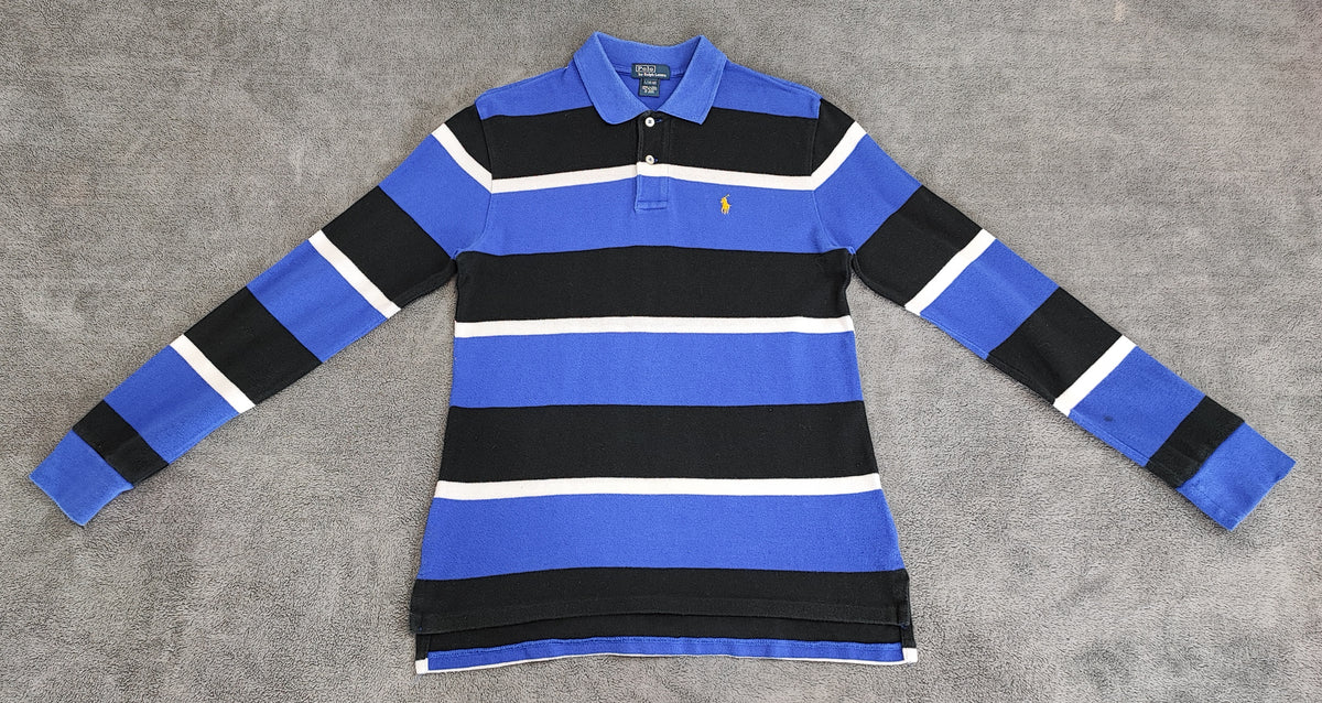 Vintage Polo Ralph Lauren Striped Rugby Shirt Blue Black White 90s Size Small S