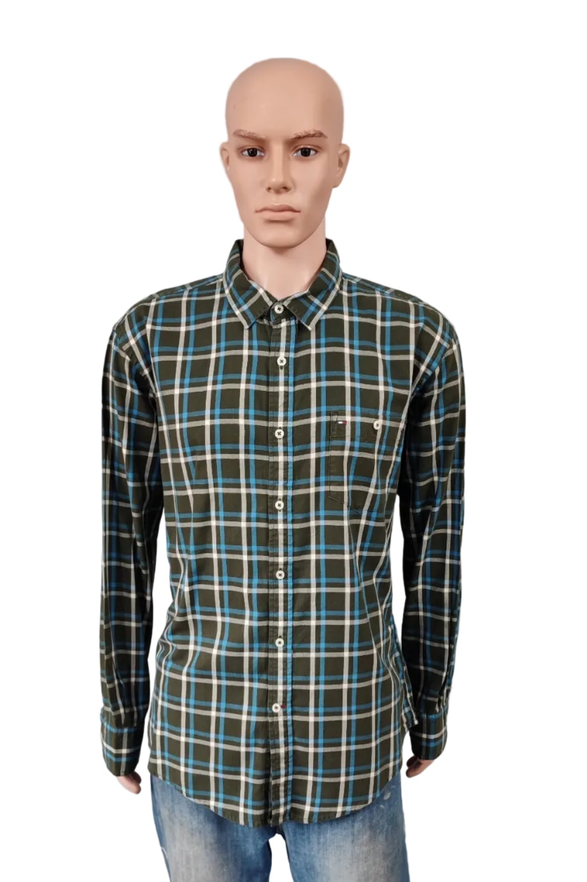 Vintage Tommy Hilfiger Checked Shirt XL Green Navy Cotton Long Sleeve Plaid 90s