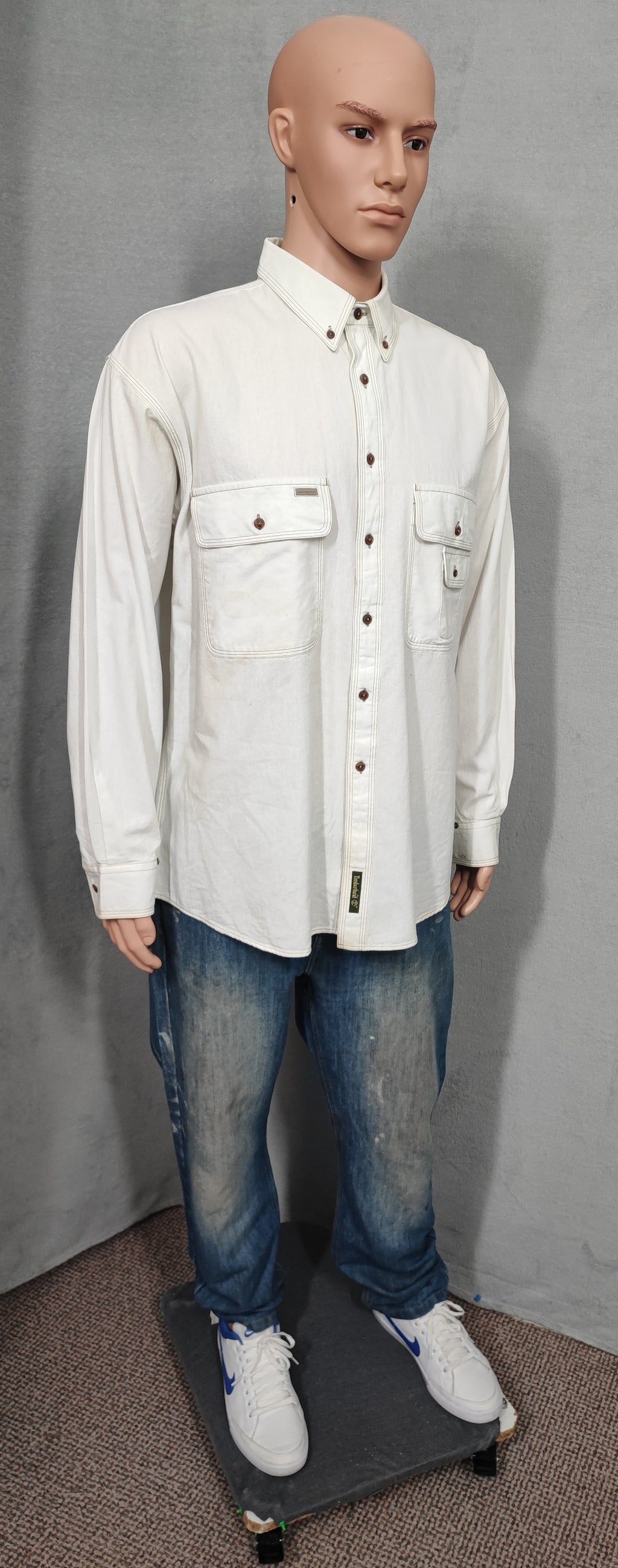 Vintage Timberland Off White Long Sleeve Western Pearl Snap Shirt Men Size XL