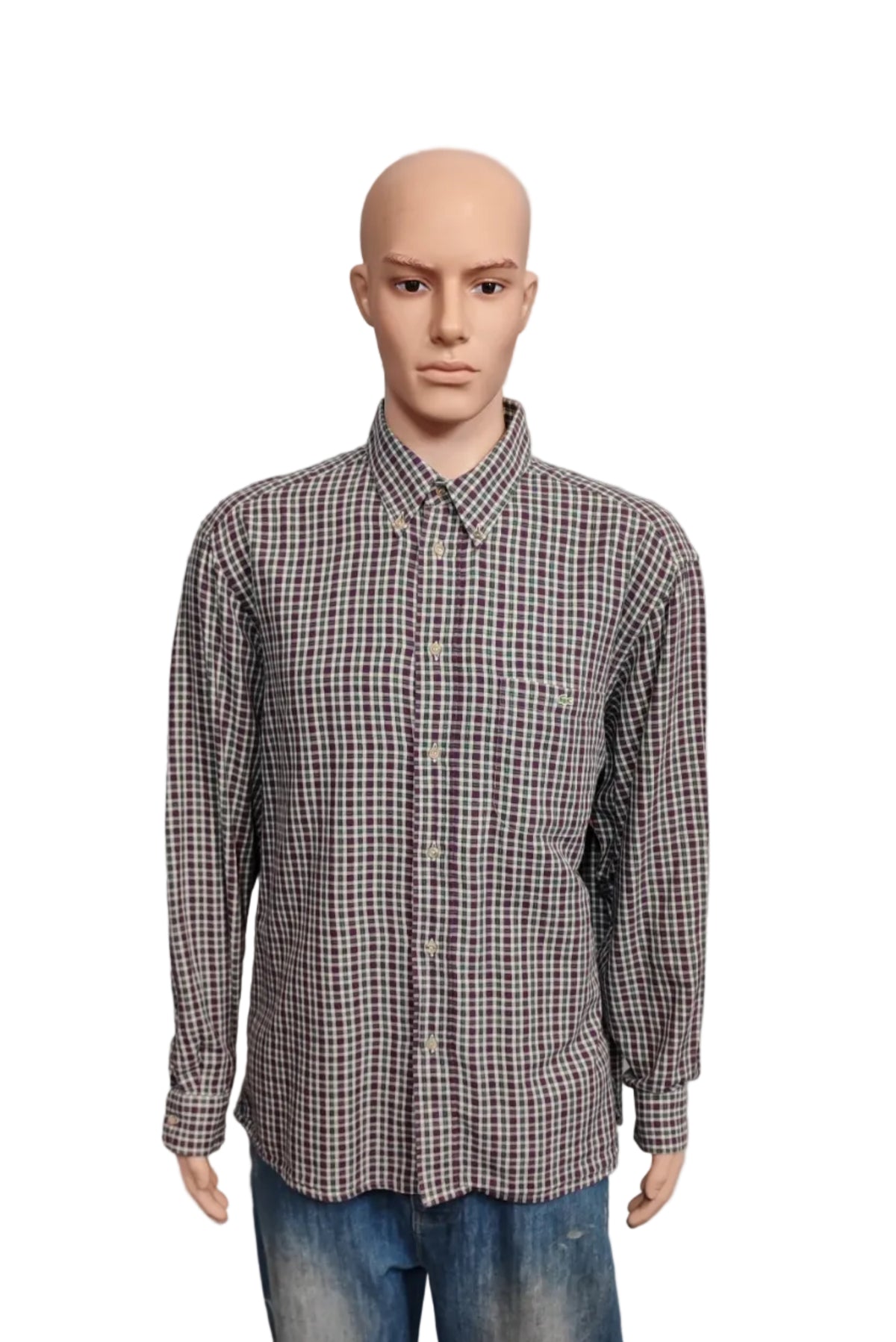 Vintage Lacoste Checked Long Sleeve Shirt Purple Green White Plaid Men Size XL