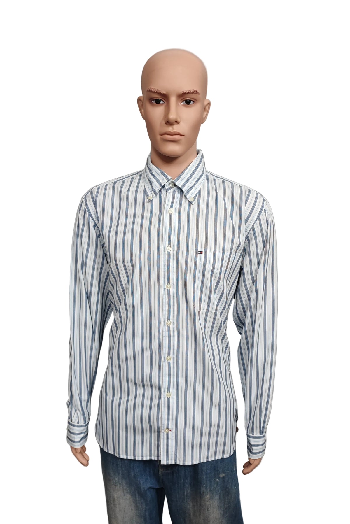 Vintage Tommy Hilfiger Striped Long Sleeve Preppy Shirt Blue Men Size Large